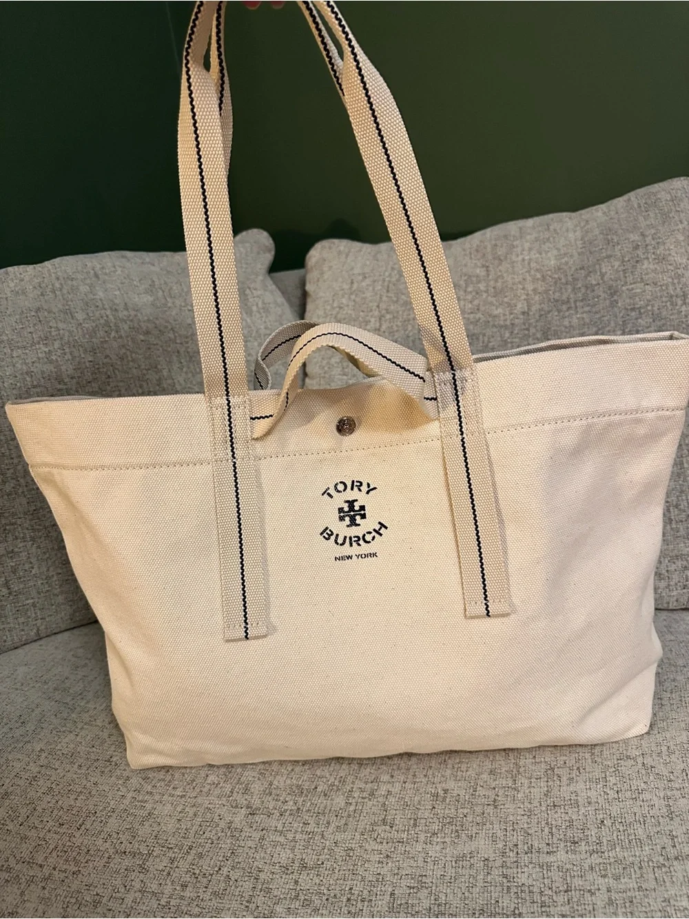 Tory Burch Cream Canvas Tote with Black Logo